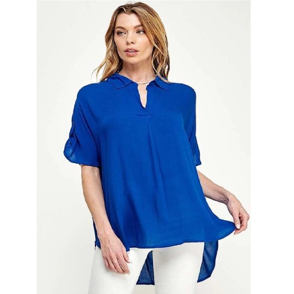 Oversized Short Sleeve Shirt Hi-Lo Rolled Sleeves V-Neck Collar Royal Blue - Picture 5 of 6